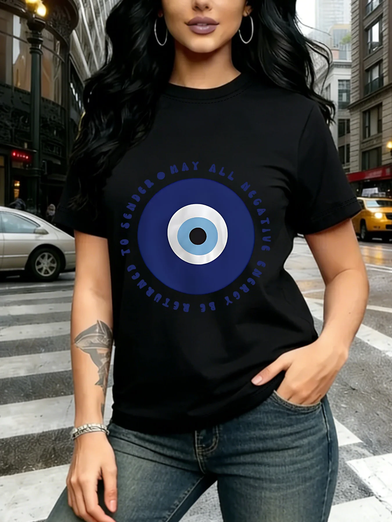Cute Evil Eye Negative Energy Return To Sender Quote Art Print Graphic Ladies T Shirt Short Sleeve Crew Neck Casual Tee Tops