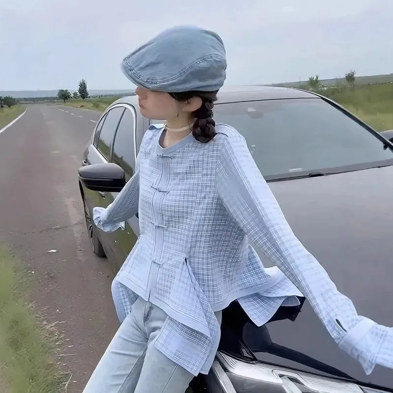 

Women's New Chinese Style Plaid Blouse Light Blue Buckle Design Long Sleeve Casual Shirt