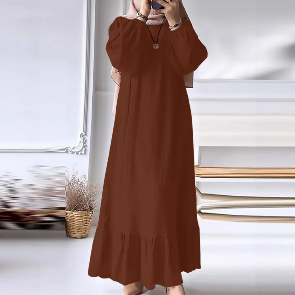 Muslimische frauen Robe Neue Mode Langarm Retro Langen Rock Einfarbig Rüschen Saum Kleid für Frauen