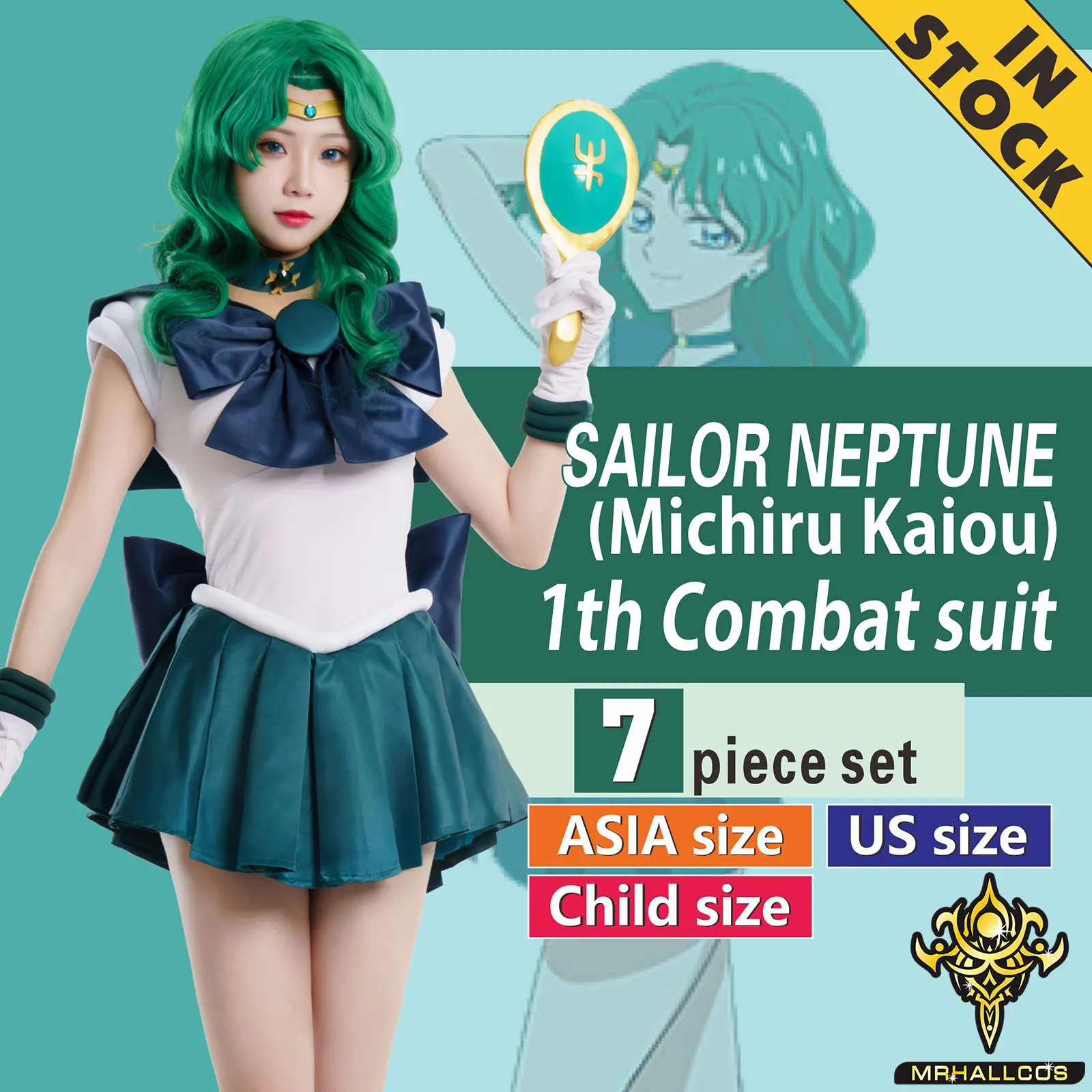 MRHALLCOS Anime Cosplay Sailor Neptune Michiru Kaiou Moon Crystal Dress Outfits Costume Halloween Party Kid Adult Women PlusSize