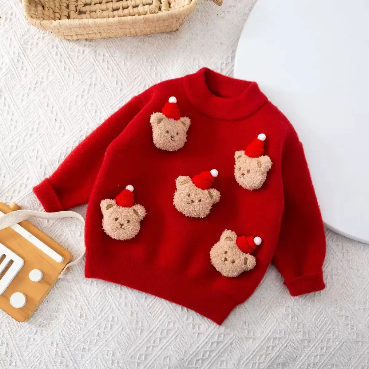 Autumn Baby Clothes Girls Sweater Thickened Winter New Style Christmas Children Red Knitted New Year Bear Top Christmas Costumes