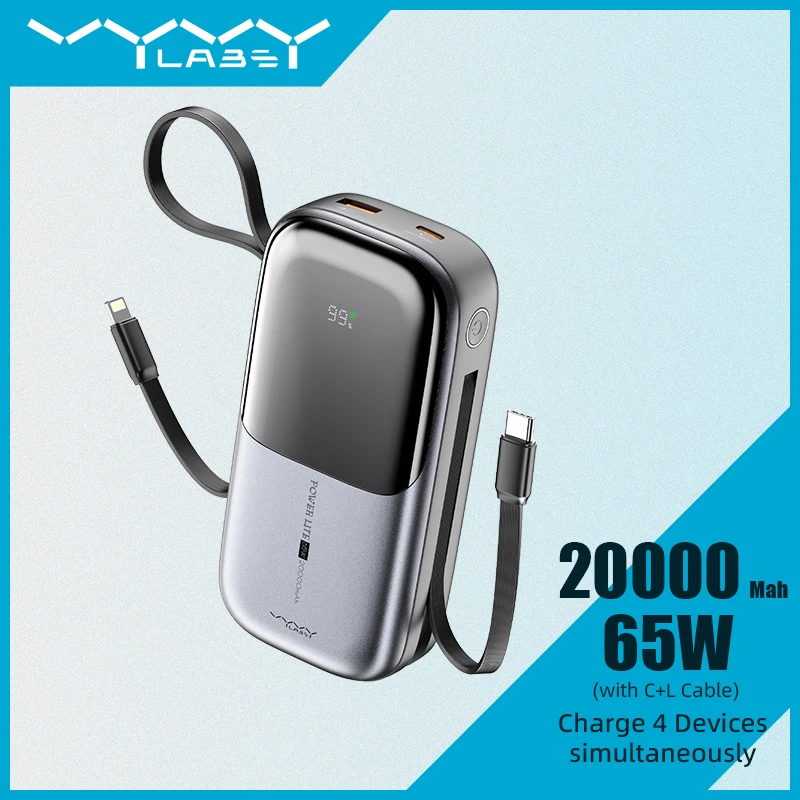 

20000mAh Power Bank PD 65W Fast Charging with Type-C & Lightning Cable External Battery Powerbank for Phone Laptop Tablet Mac