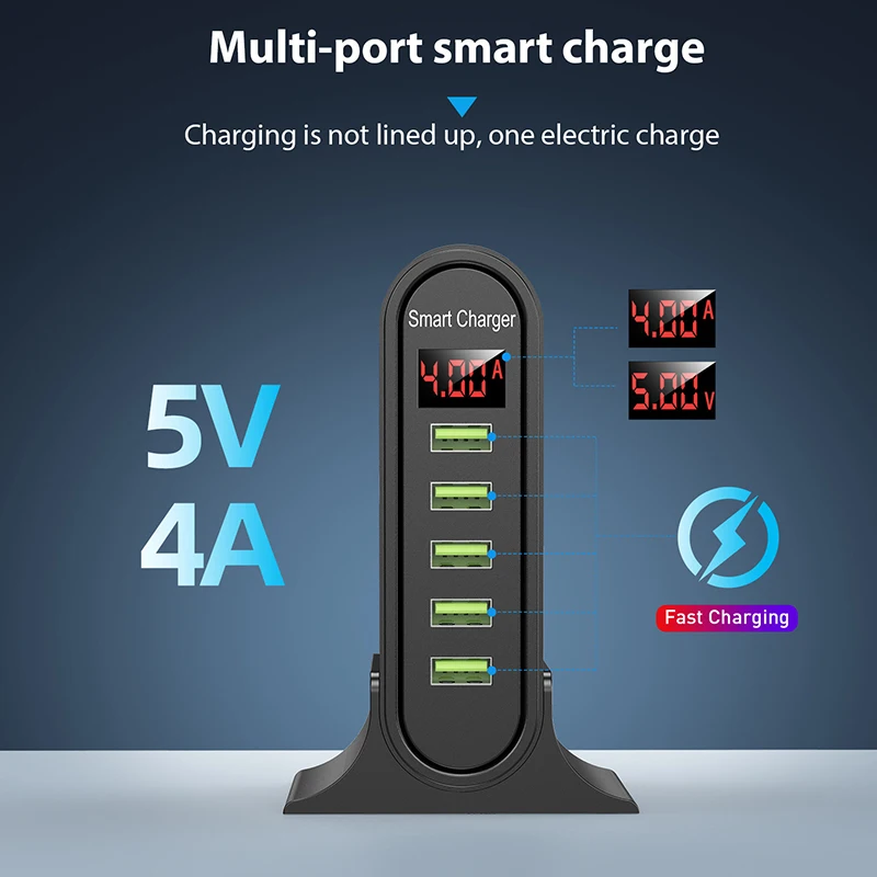 5 Port USB Charger For iPhone Xiaomi LED Display Multi USB Charging Station Universal Phone Desktop Wall Home US Plug