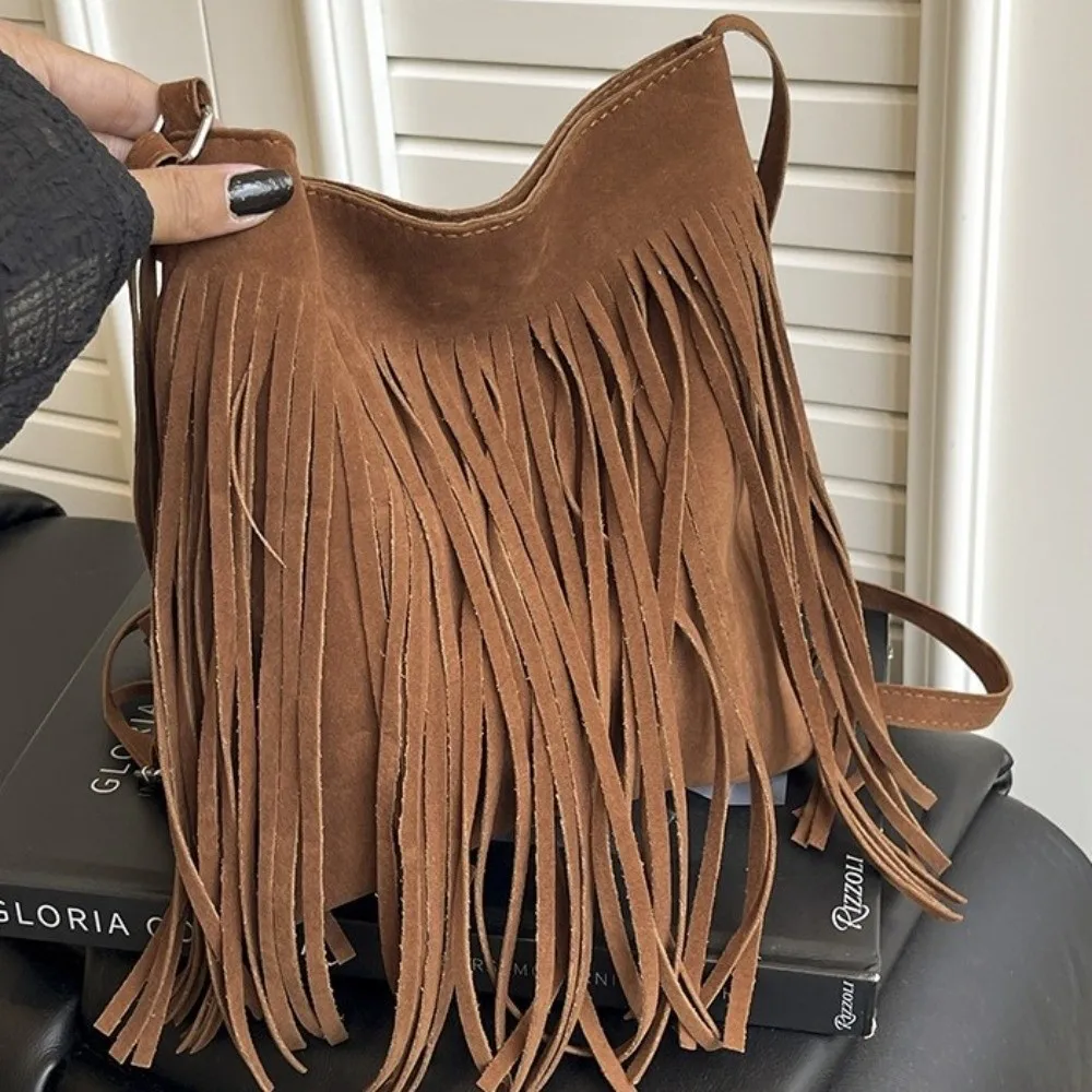 Retro Tassel Saddle Bag Large Capacity Vintage Style Boho Style Shoulder Bag Underarm Pouch Fringe Design Messenger Bag image 3