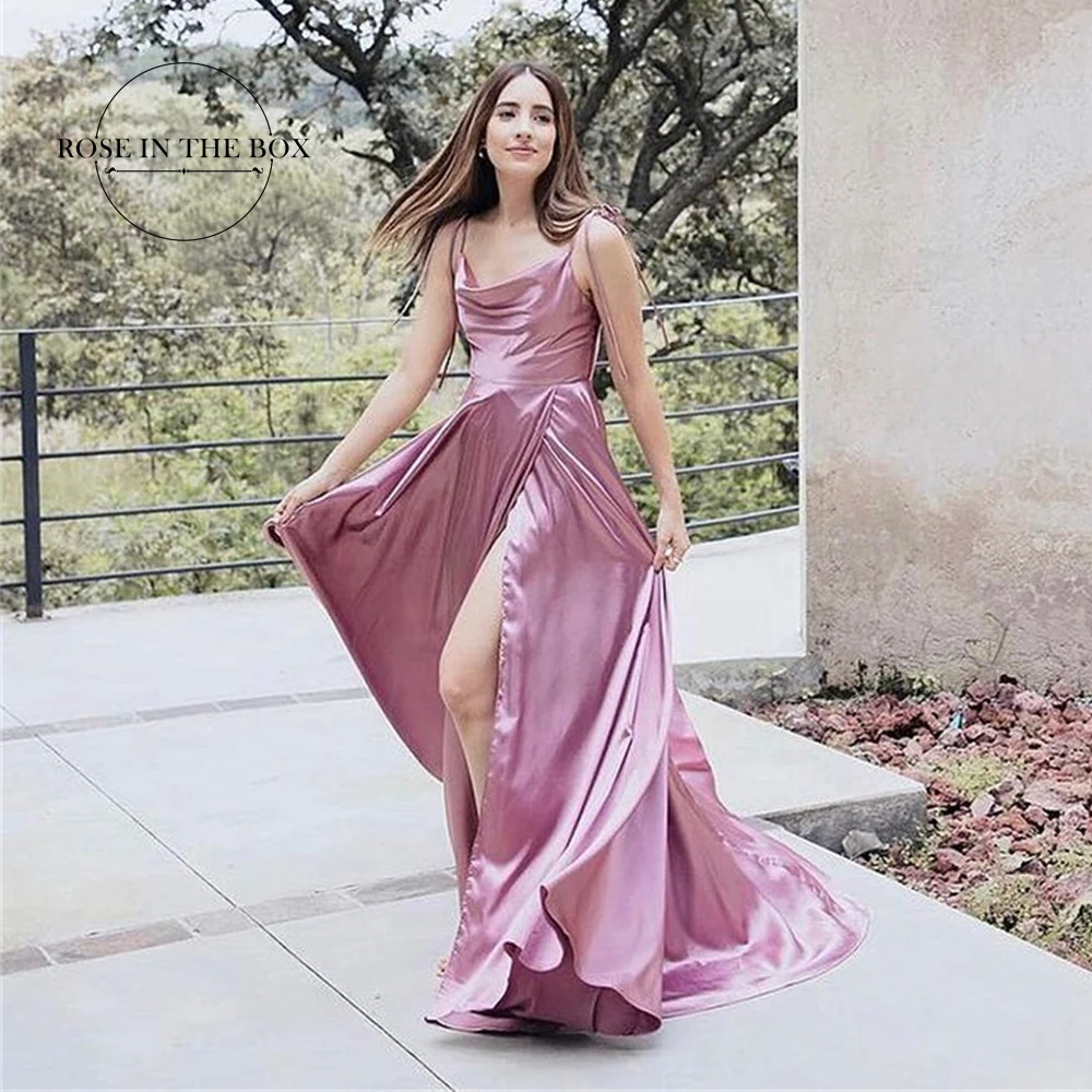 Women Dark Pink Cowl Neck Long Prom Dress Sexy Spaghetti Straps Leg Slit Satin Maxi Dresses for Female Party Vestidos Gala