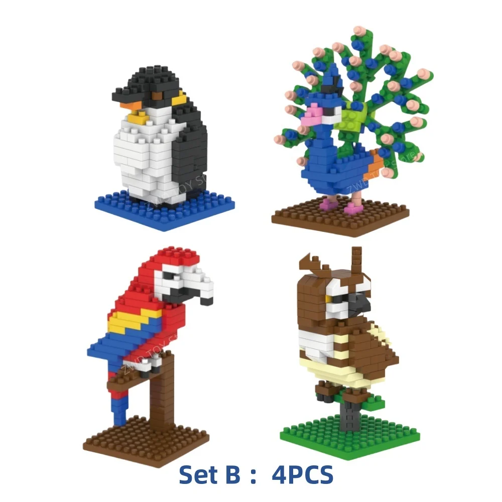 Zoo Series Micro-particle Building Block Woodpecker Flamingo Peacock Penguin Cock Toys Mini Desktop Decorations Childrens Gift