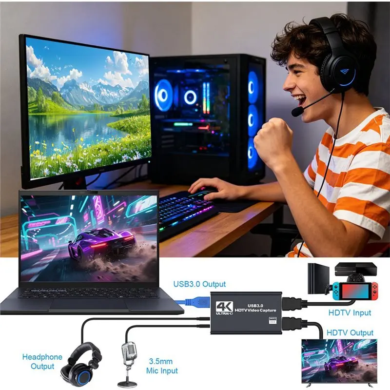AT82-Game For PC Recording 4K USB 3.0 Video Capture Card -Compatible 1080P HD Video Recorder Grabber Mic Audio view 3