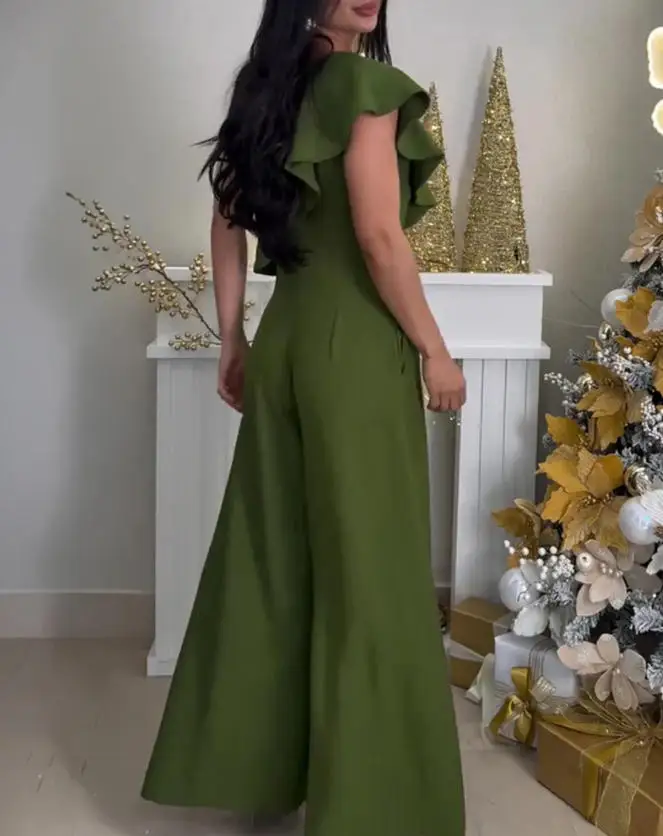 

2026 Summer New V-Neck Adjustable Slim Fit Shoulder Strap Backless Casual Zipper Wide Leg Jumpsuit