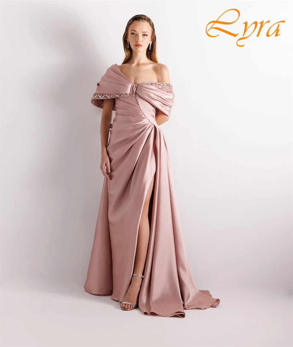 Vestido de noche elegante personalizado de satén con hombros descubiertos, vestidos de graduación con abertura lateral exquisitos, vestidos para ocasiones especiales de lujo