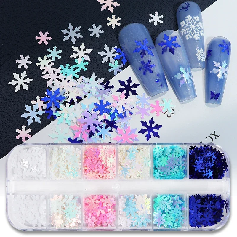 Winter Blue Snowflake Nail Art Decorations Iridescent White Glitter Flakes Sequins Manicure Supplies Christmas Nails Accessories