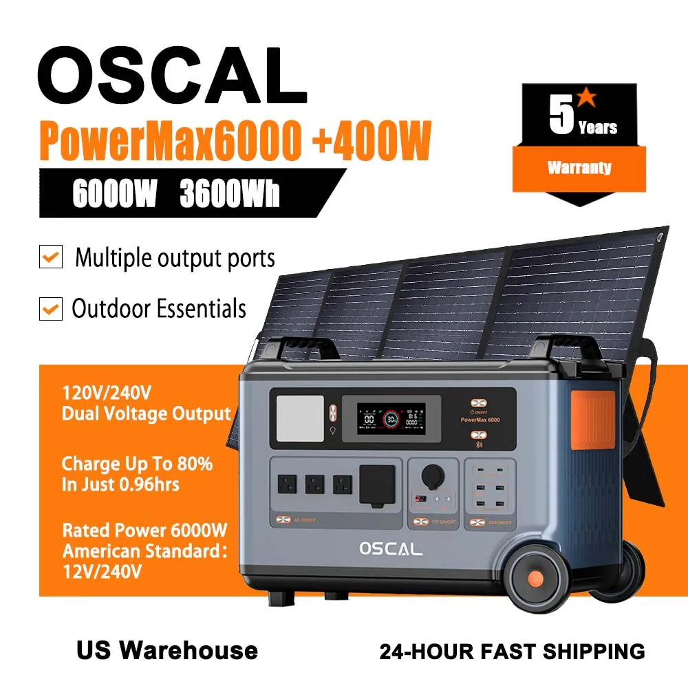 

OSCAL Portable Power Station 120V/240V Dual Voltage Output Only US Supply 3600WH Pull Rod Function With 400W Solar Panel For RV