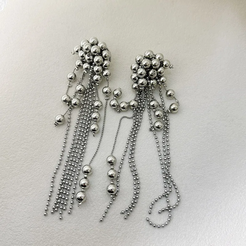 Silver Tone Metal Ball Cluster Long Tassel Dangle Earrings Multi Strand Bead Chain Fringe Statement Earrings for Daily Wear