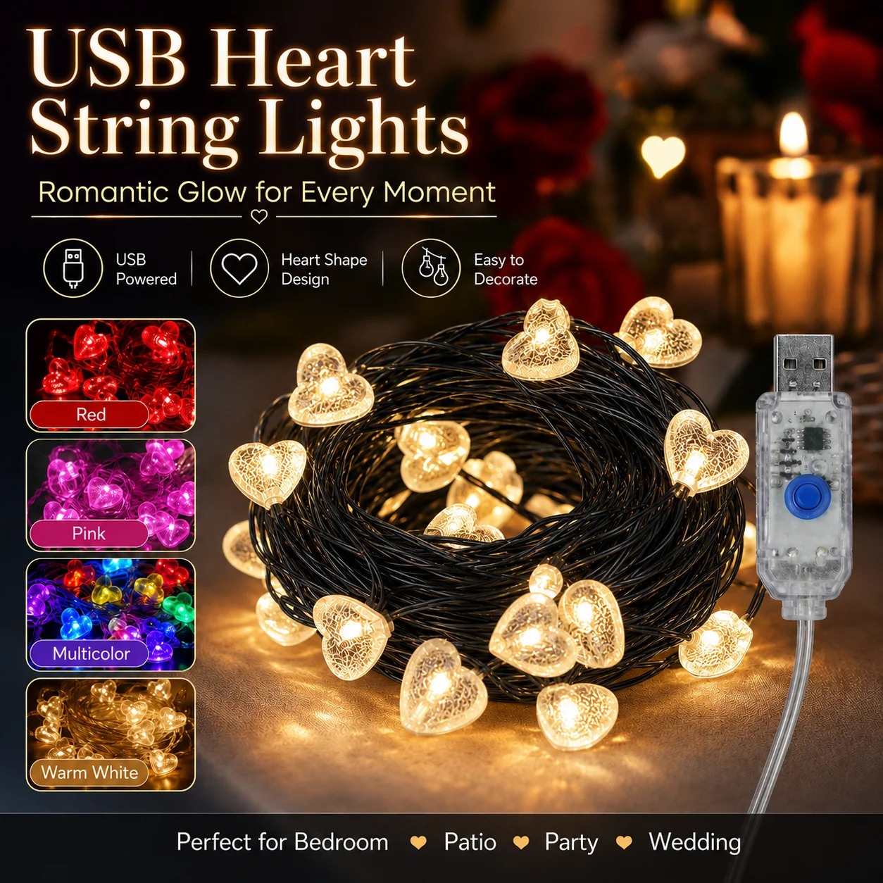 USB Heart String Lights 4 Colors LED Fairy Garland 5M/7M/12M Romantic Decor for Bedroom Patio Wedding Party