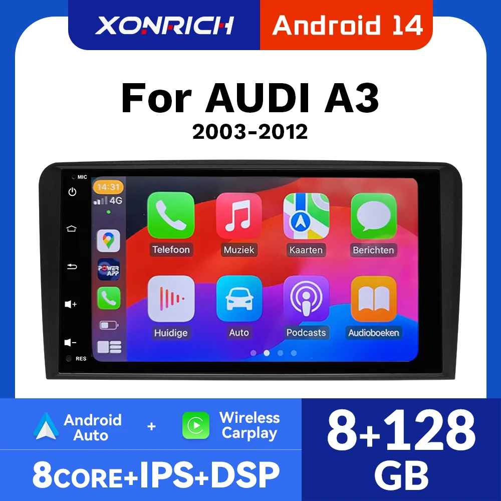 XONRICH 8 "Wireless CarPlay per Apple Android Auto Autoradio per Audi A3 8P S3 2003-2012 GPS Stereo Multimediale 4G Wifi 8core RDS