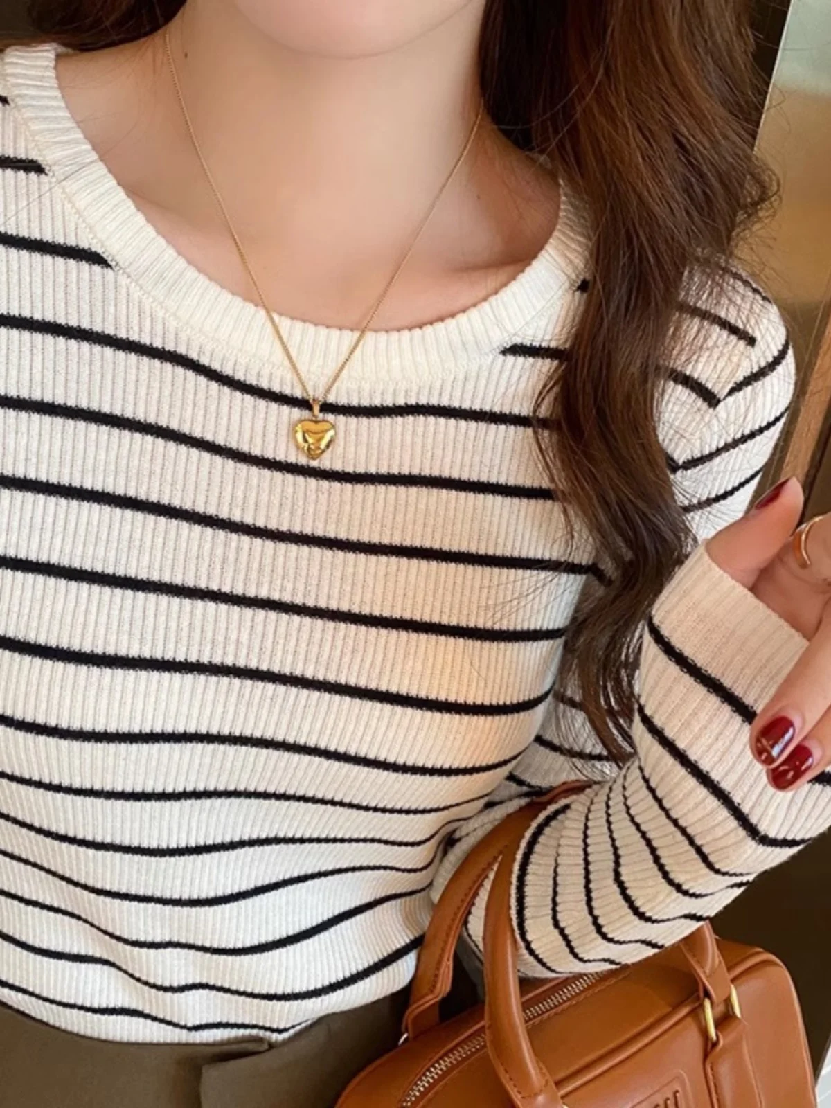 Women's Slim Fit Striped Knitwear Fashionable Base Layer Shirt Spring Autumn Winter Straight Tube Shape Long Sleeve round Neck