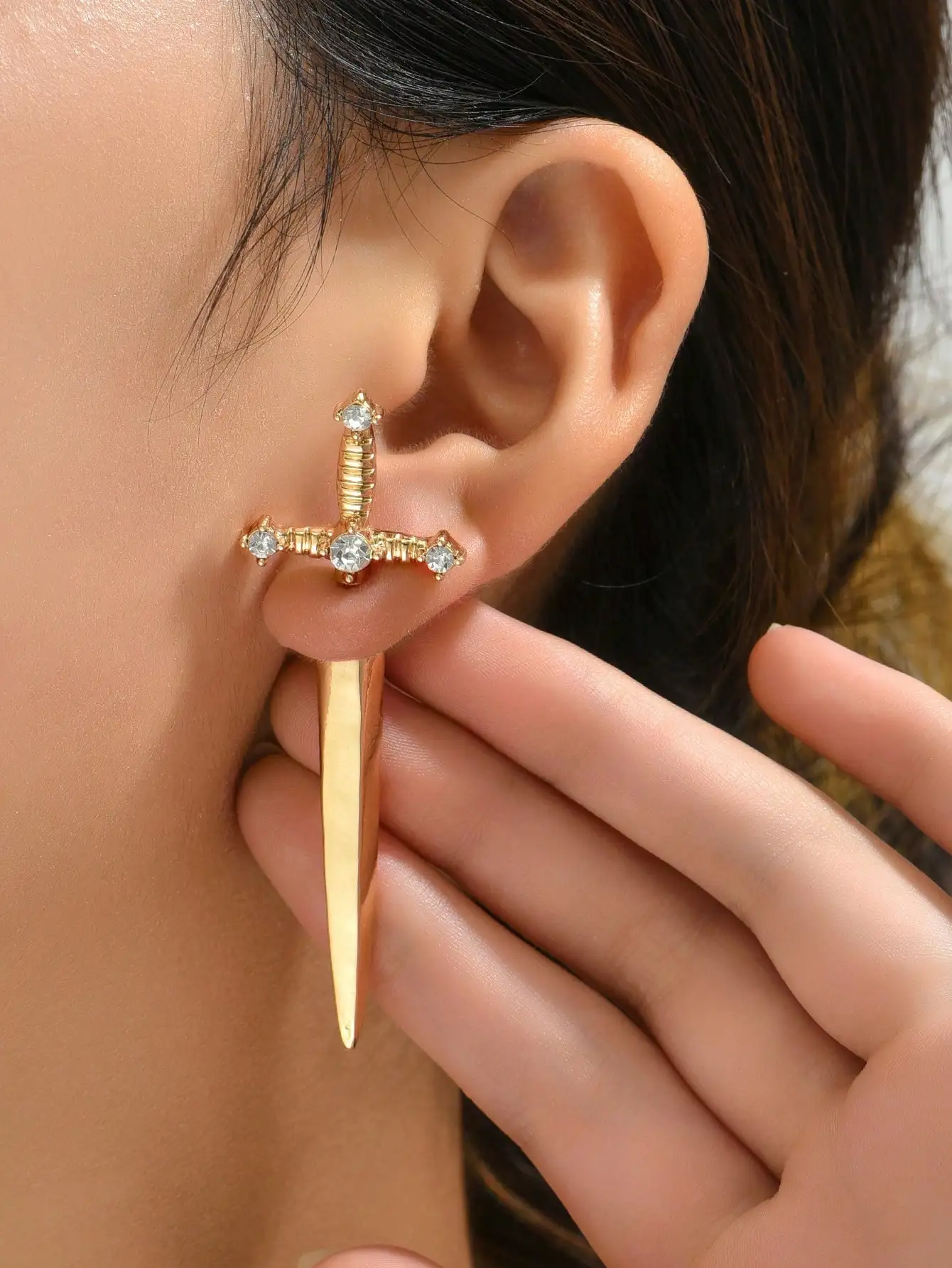 Cool Knight Style Earrings Cross Sword Handle + Sparkling Diamond Street Party Atmosphere Enhancing Versatile Fashion Jewelry