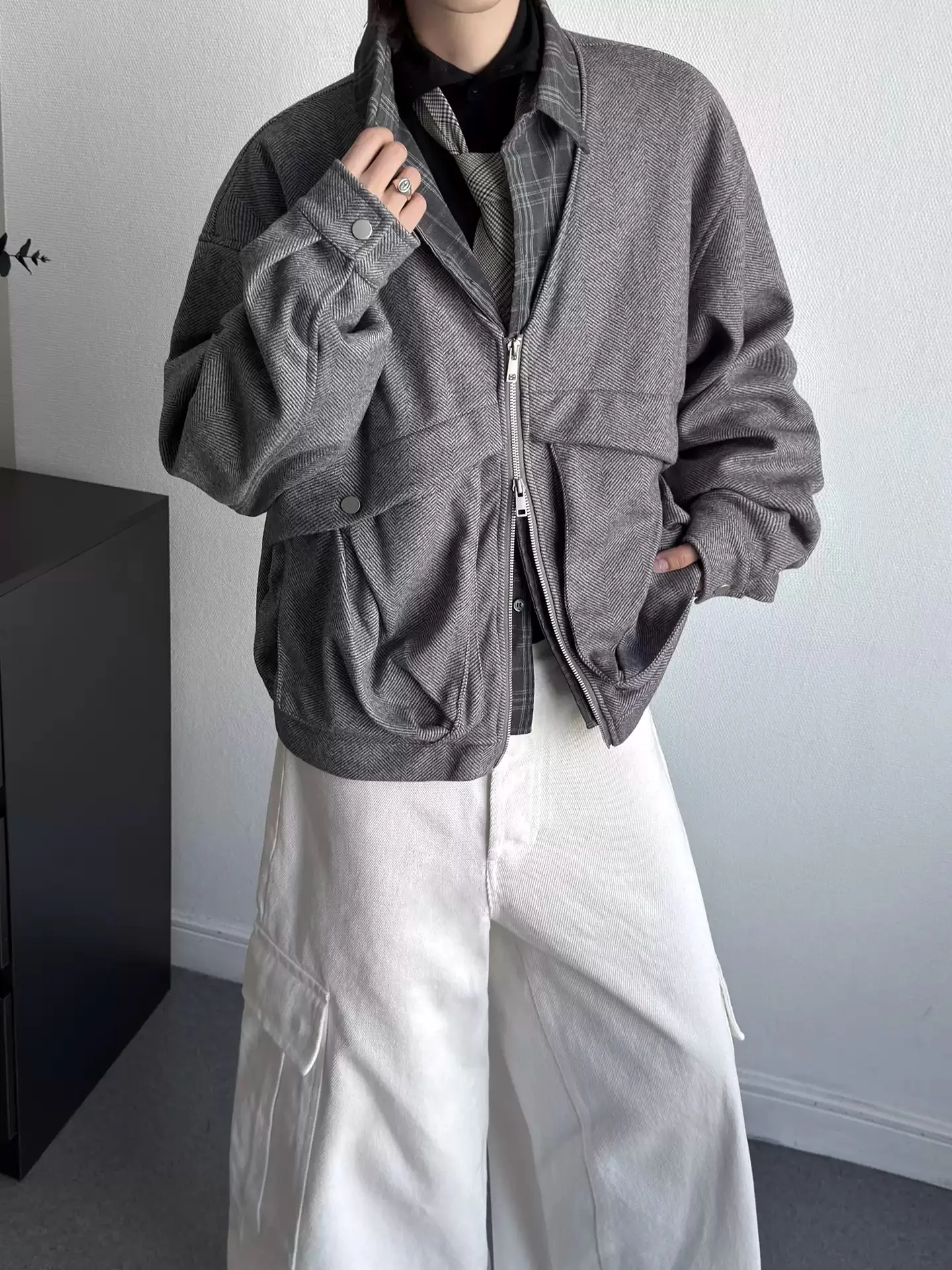 

Ретро-куртка унисекс с эффектом двухслойности, воротником-рубашкой и карманами карго, в американском стиле, повседневная, модная, с двойными молниями, короткая