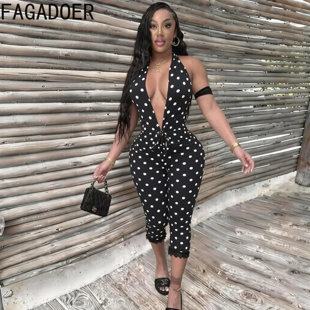 FAGADOER Retro Polka Dot Print Lace Patchwork Rompers Sexy Ruched Lace-up Deep V Bandage Halter Jumpsuits for Women Streetwear