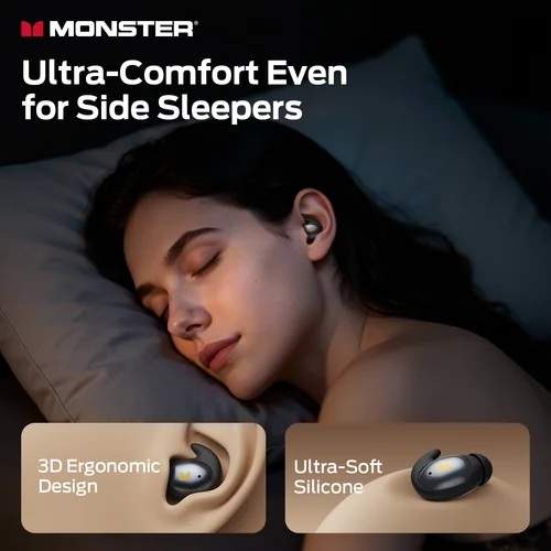 Imagen 2 del producto Auriculares Monster con Cancelación de Ruido Pasiva para Dormir, Bluetooth 6.0, Auriculares Intrauditivos para Dormir de Lado, Auriculares Inalámbricos TWS con Sonido Estéreo de Alta Fidelidad