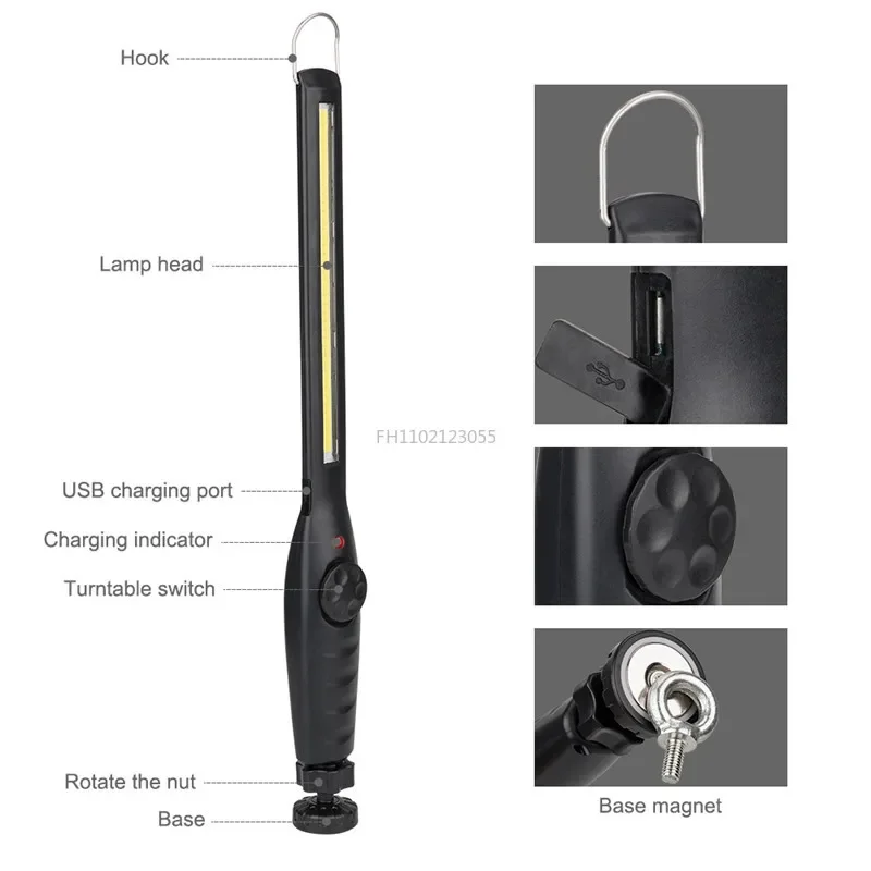 1Pc COB LED Flashlight Magnetic Work Light USB Rechargeable Torch Hook Portable Lantern Inspection Light Camping Car Repair Lamp