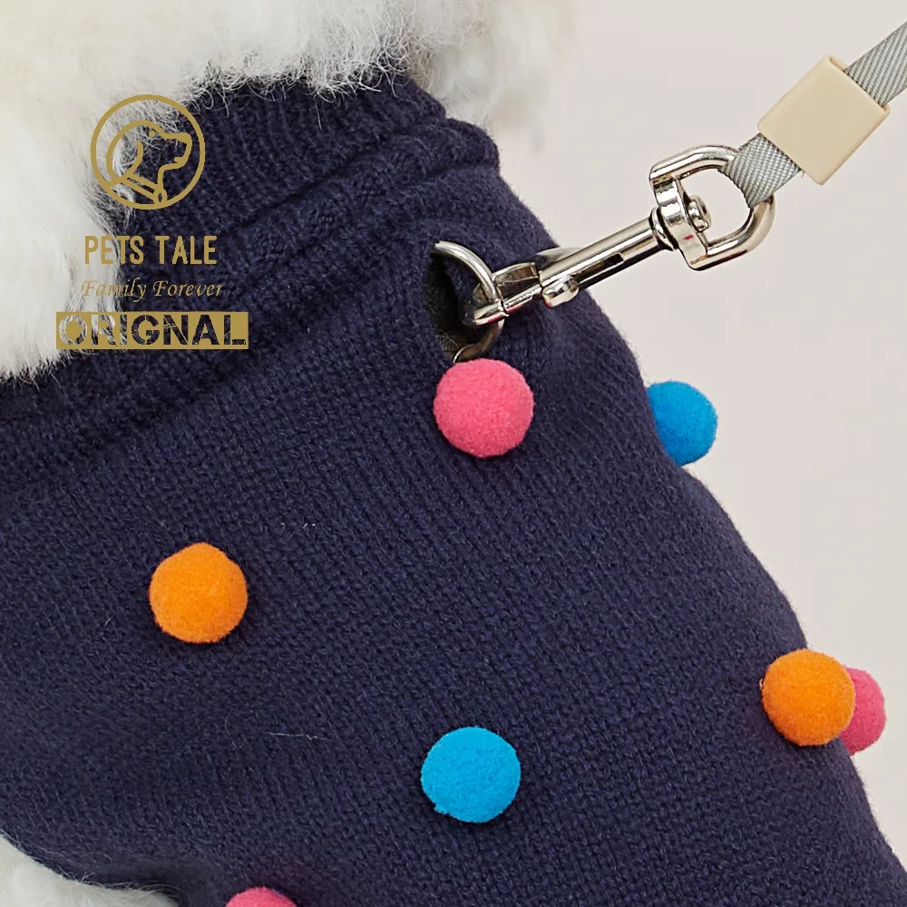 Premium Dog Polka Dot Colorful Pom-Pom Double Collar Chain-Hole Sweater