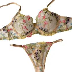 Floral Embroidery Lingerie Set Women Sheer 2-Piece Boho Bra + Panty Underwear Set Intimates