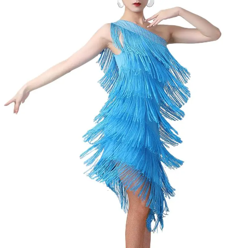 Women Shiny One Shoulder Ballroom Latin Dance Dress Lady Asymmetry Flapper Tassel Salsa Tango Cha Cha Rumba Dancewear Costume