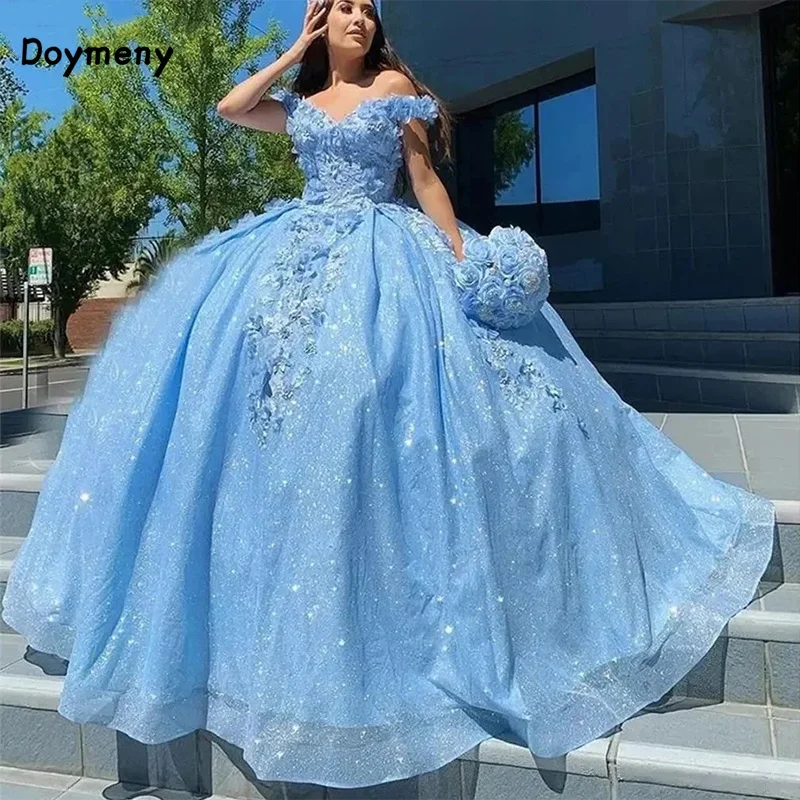 Doymeny Off Shoulder 3D Flowers Quinceanera Dresses Appliques Sparkling Tulle Party Ball Gowns vestidos de 15 quinceañera 16