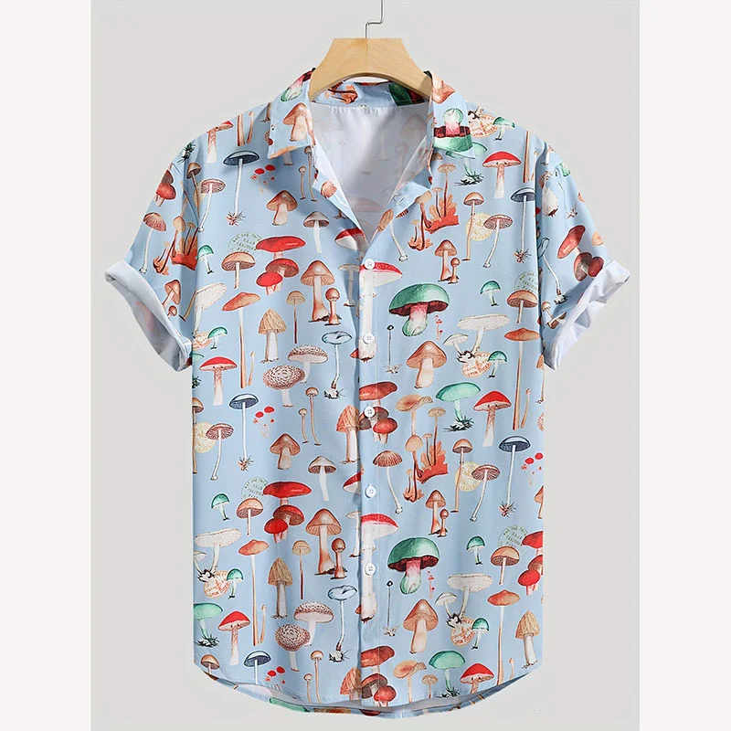 Camisa de cogumelo 3D masculina estampada, casual com botão, mangas curtas, tops de verão fresco, camisas havaianas, roupa unissex, moda fofa