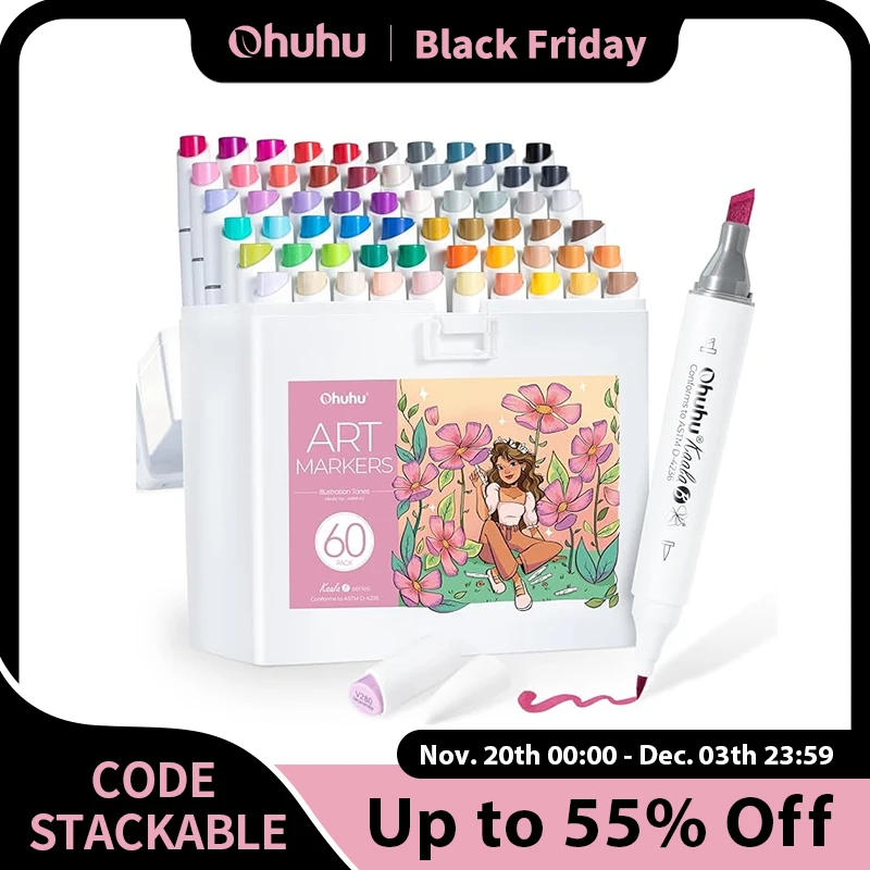 

Ohuhu Kaala B 60-цветный набор маркеров для иллюстраций, спиртовые художественные маркеры, многоразовые двойные наконечники, эскизы, рисование, манга, раскраска