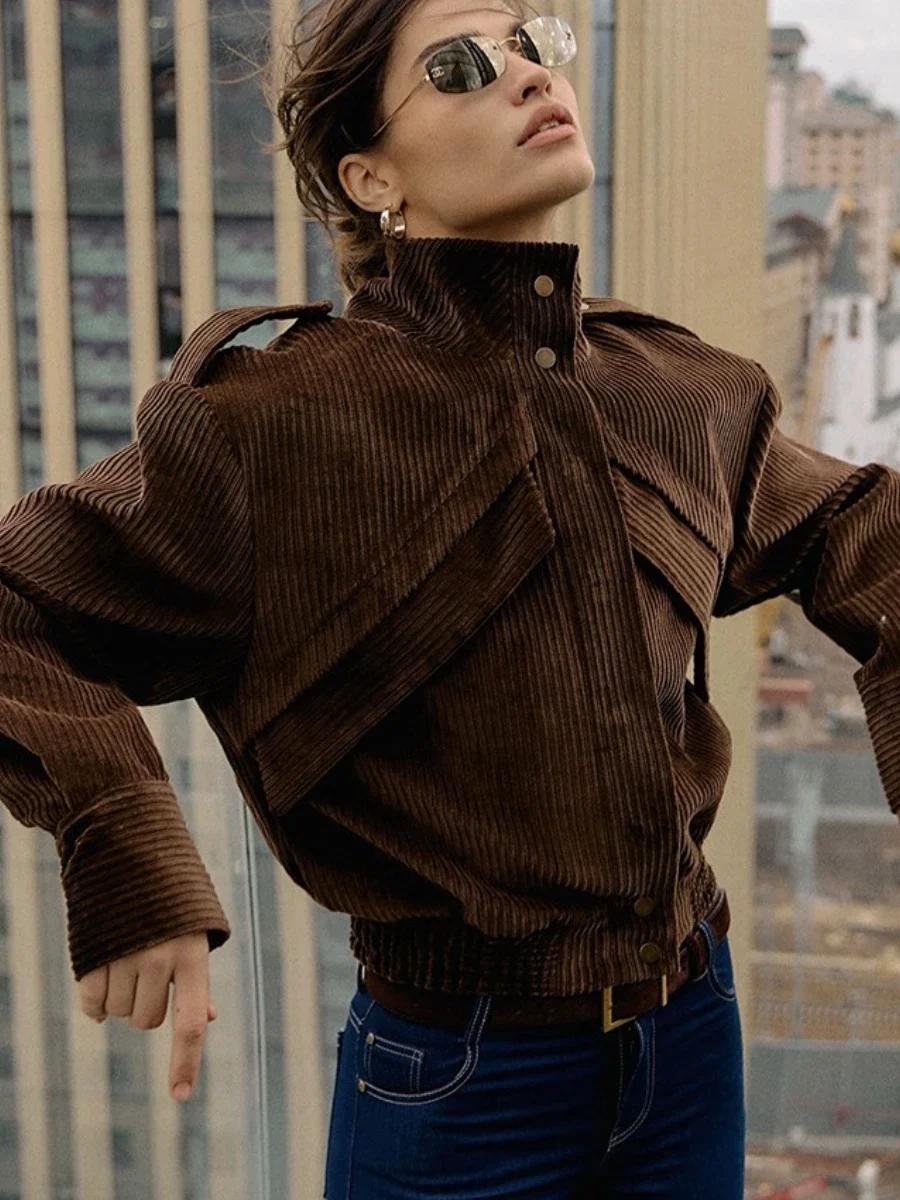 여성용 신상 브라운 재킷 스탠드 칼라 긴 소매 패치워크 싱글 브레스티드 캐주얼 코듀로이 재킷