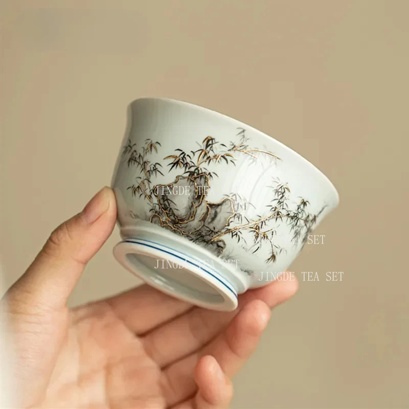 

1 Pcs Chinese Blue and White Ceramic Tea Cup Handmade Landscape Bamboo Leaf Teacup Porcelain Tea Bowl Teaware 130ml Master Cup