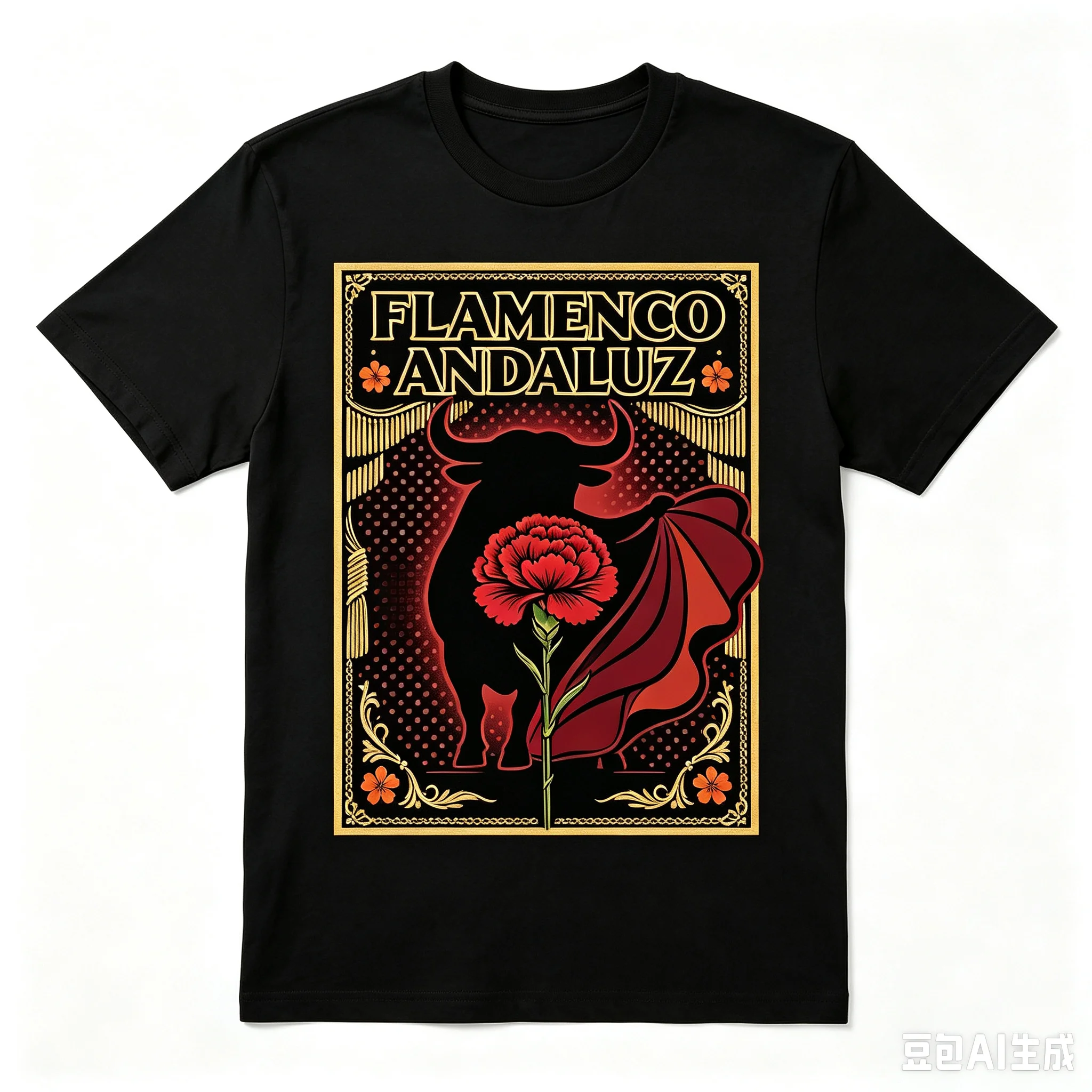 Camiseta Retro con Estampado de Toro y Clavel Rojo, Estilo Flamenco Andaluz, Top Urbano con Letras en Español