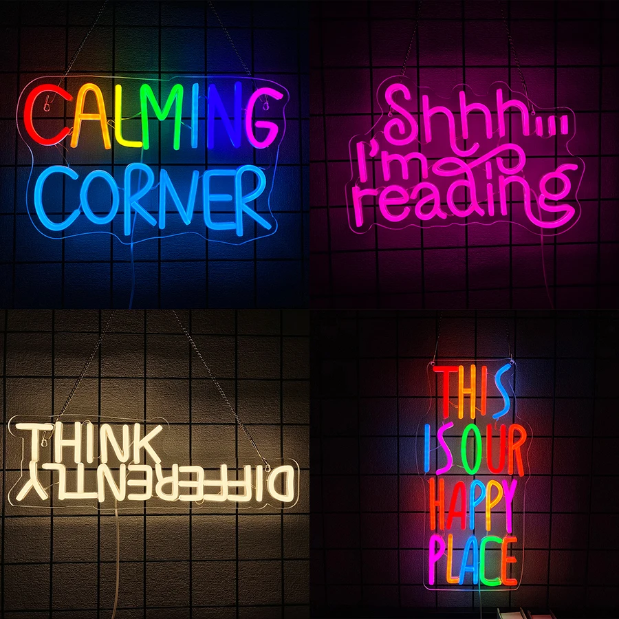 This Is Our Happy Place Neon Sign For Wall Decor,Light Up Sign For Bedroom,Classroom,Living Room,Library Decor,Gift For Reader
