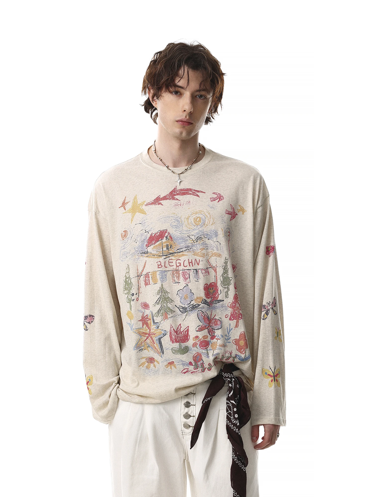 Loose Long Sleeve T-Shirt Unisex Graffiti Style round Neck Overhead Print Casual Comfortable Breathable Cotton Blend Top
