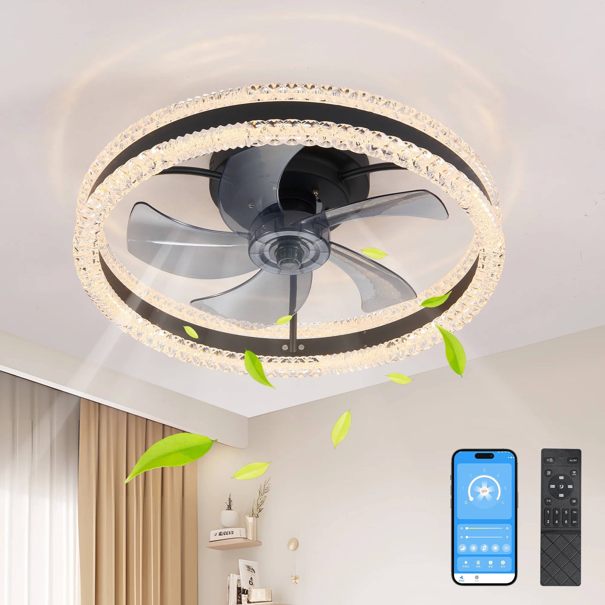 

Modern Crystal LED Ceiling Fan Light with Remote, Up Down Lighting Quiet Flush Mount Low Profile Fan for Living Room Bedroom