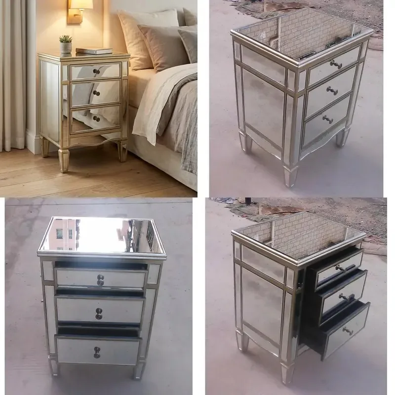 Modern mirrored side table with gold frosted silver frame, 3 drawers, handmade for bedrooms, living rooms and hotels