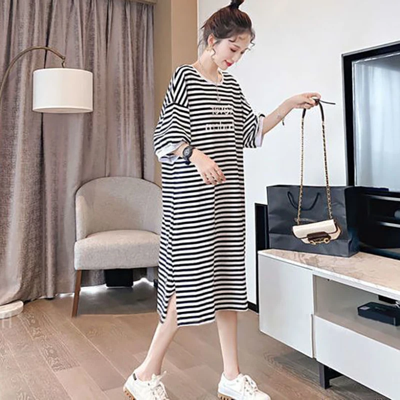 Fashion O-Neck Loose Printed Letter Striped Casual Dresses Female Clothing 2024 Summer New Oversized All-match Midi Dress