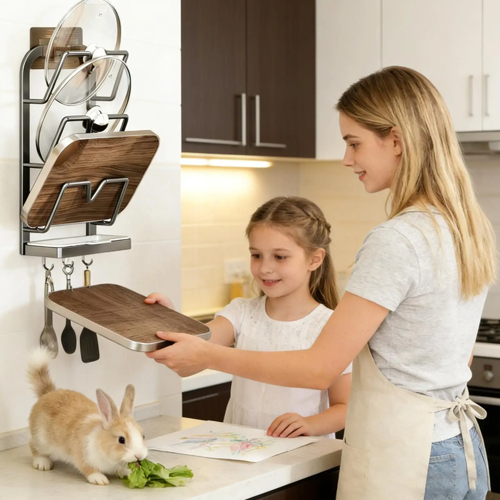 

Держатель крышки кастрюли из углеродистой стали, подставка без сверления с подносом, держателем для кастрюли и сковороды для рукавицы, ложки, разделочной доски, противень, посуда