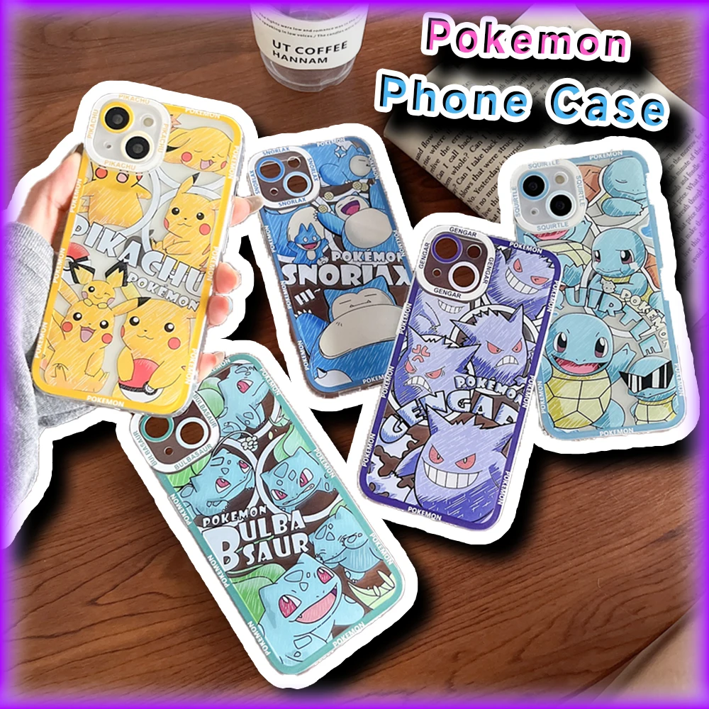 Pokemon Phone Case for IPhone 16 15 14 13 12 11 XS/XR 7/8Pro Max Kawaii Pikachu Anime Gengar Squirtle Bulbasaur Protective Cover