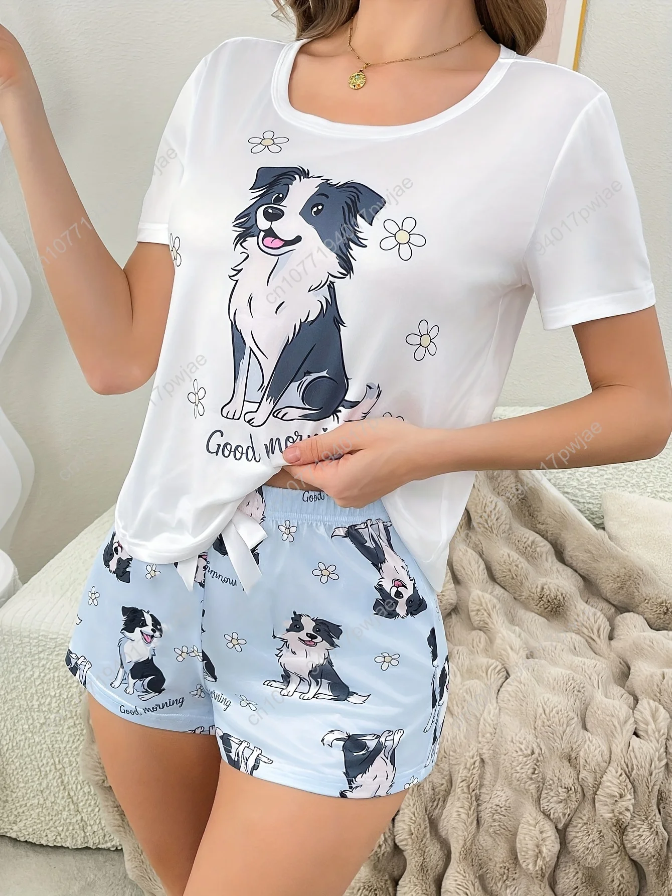 

Premium Fabric Pajama Set, Personality Border Collie Print Short Sleeve and Shorts Two-Piece Set with Round Neck Top and Donut P