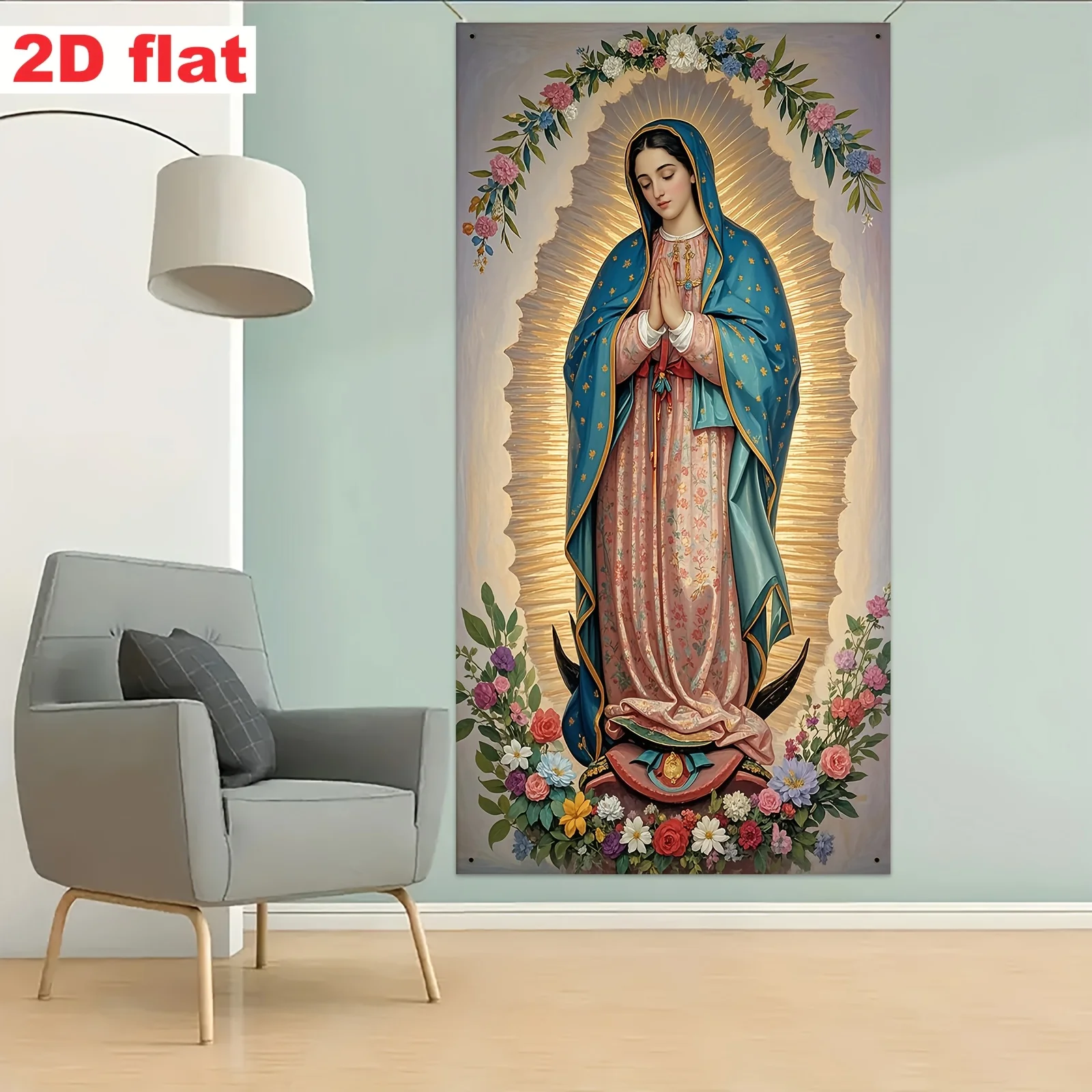 1 bandera religiosa de la puerta del arte de la pared de la Madonna de Guadalupe, con un halo dorado y un diseño floral, arte religioso de la pared