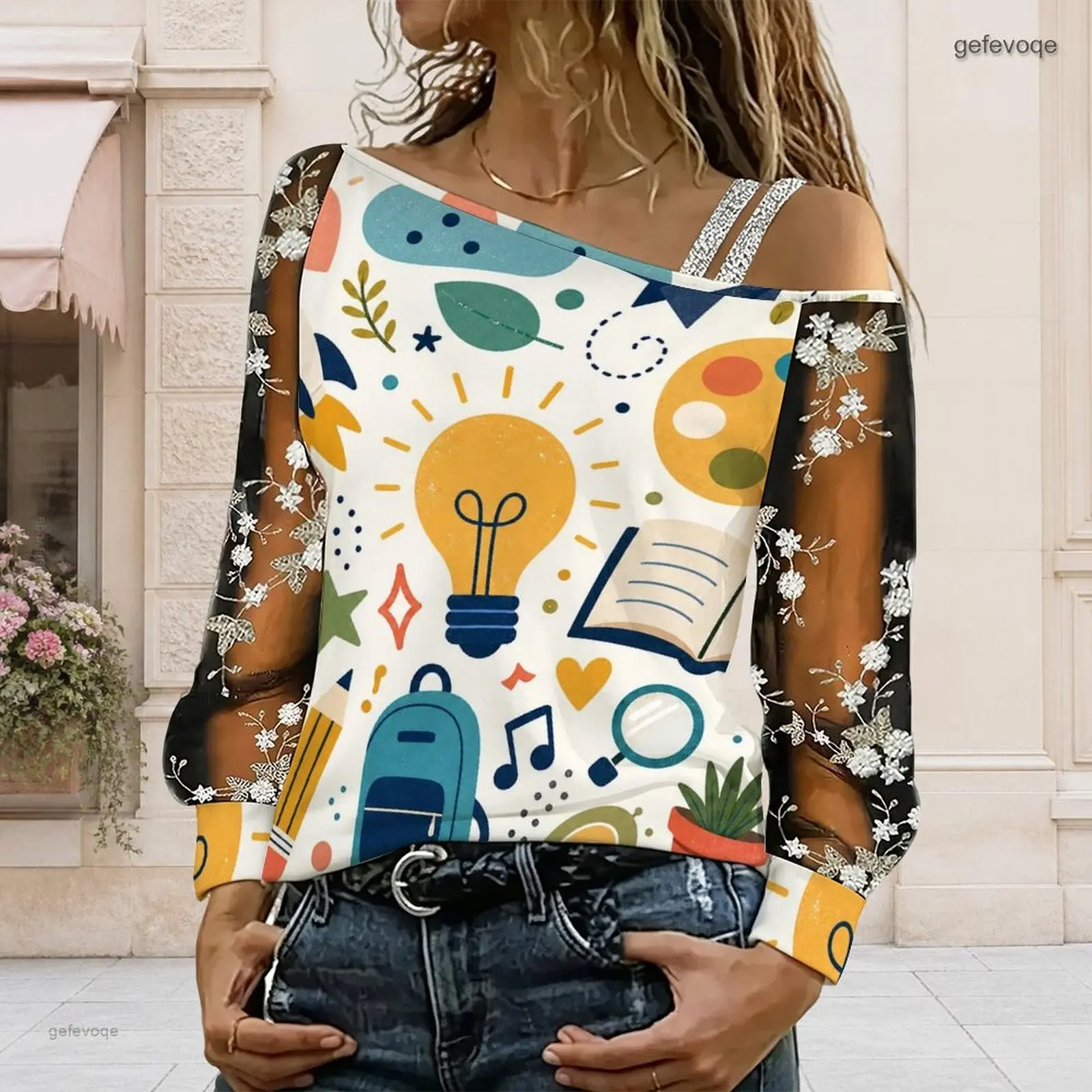 Women Asymmetric Off Shoulder Printed Vintage Motorcycle White Floral Long Sleeve Top