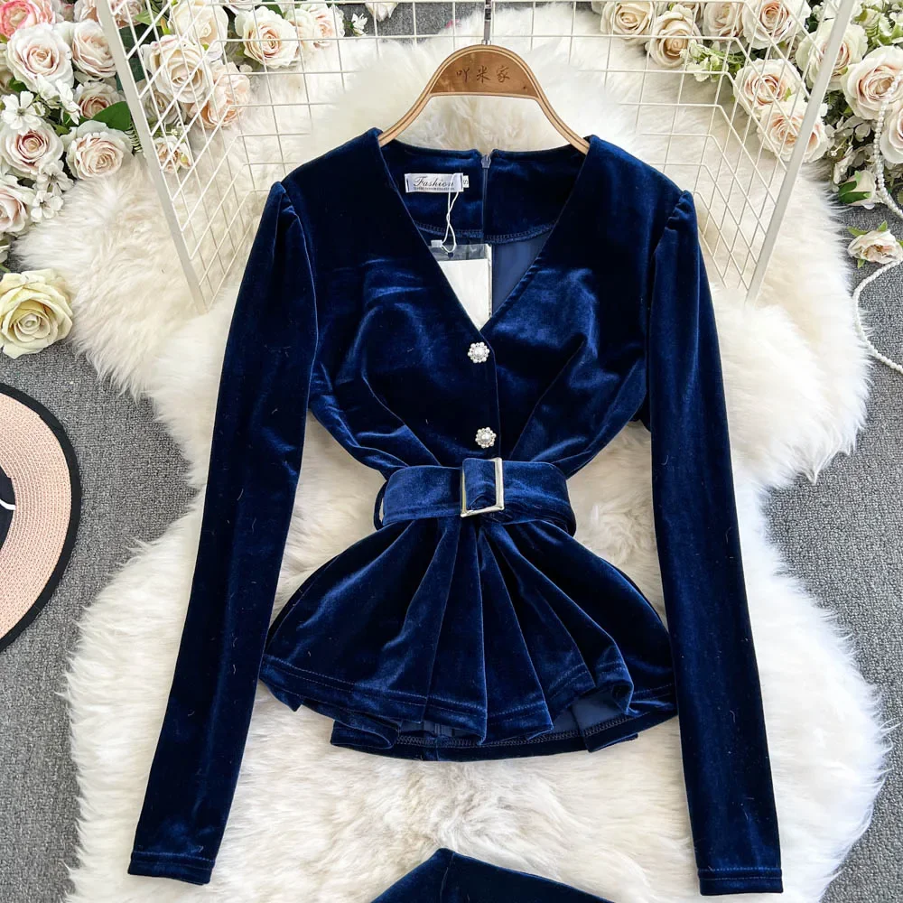 Elegant Long Sleeves Vintage V-neck Chic Pearl Buckle Top High Waist Split Skirt French Evening High Street Winter Velour Sets