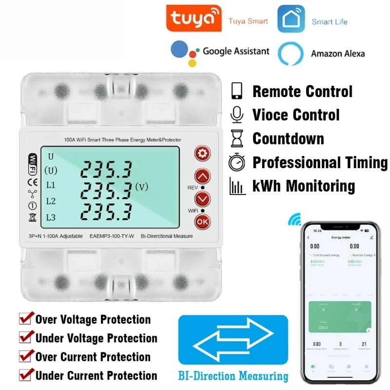 3 Phase 380V 100A Tuya WiFi Smart Bi-Directional Energy Power kWh Meter Over Under Voltage Protector Relay Switch Current Limit