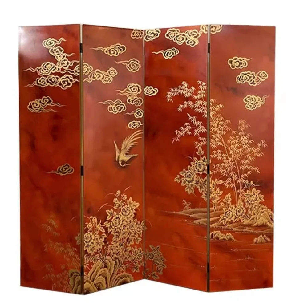 Chinese Style Hand Painted Golden Outline Screen Lacquer  Accordion Living Room Tea Room Decoration Hallway Background