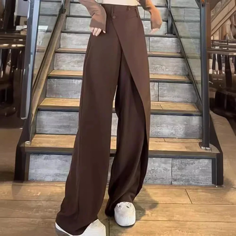 New Simple Commuter Suit Pants Women Summer Fashion Irregular Splicing Design Straight Wide Leg Pant Solid Colour Loose Trousers