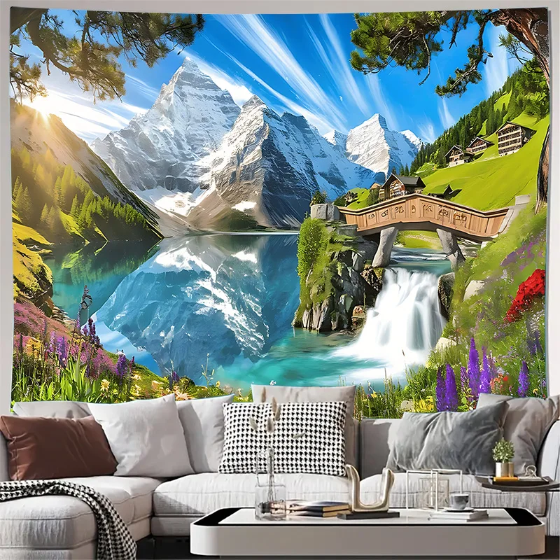 Alpine Mountain Lake Waterfall Bridge Landscape Wall Tapestry Machine Washable All Season Decor Art Print Nature Design Home