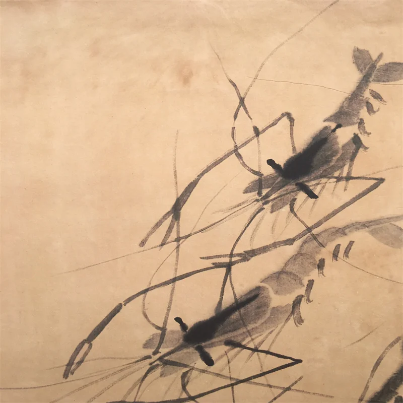 Qi Baishi Chinese Old Scroll Artist's Eight Shrimp Diagram Rice Paper Wall Painting Slice Traditional Oriental Art Decor