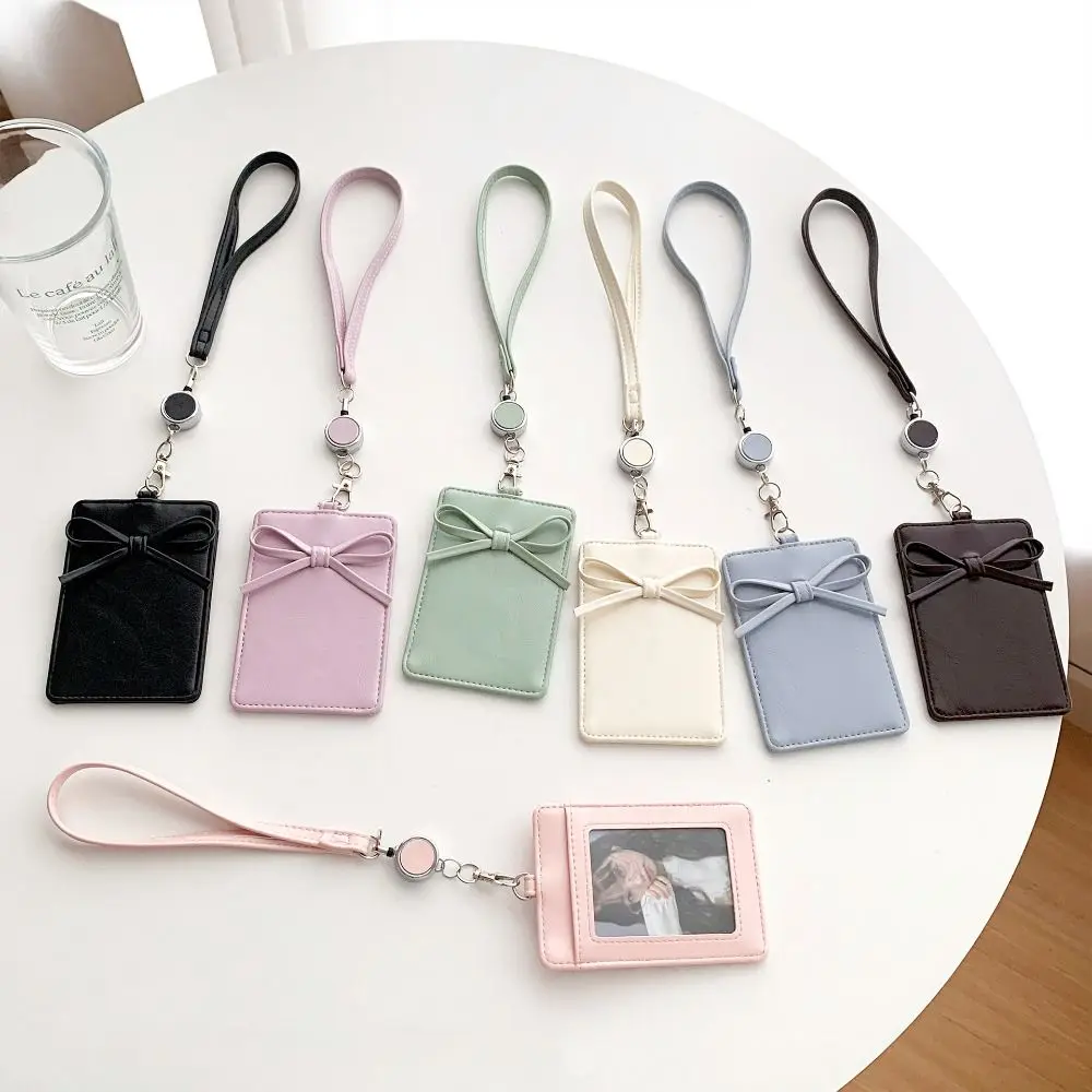 PU Leather Bow Leather Card Holder Bowknot Name Tag Work Card Cover Retractable Scalable Bus ID Holders Bank Credit Card